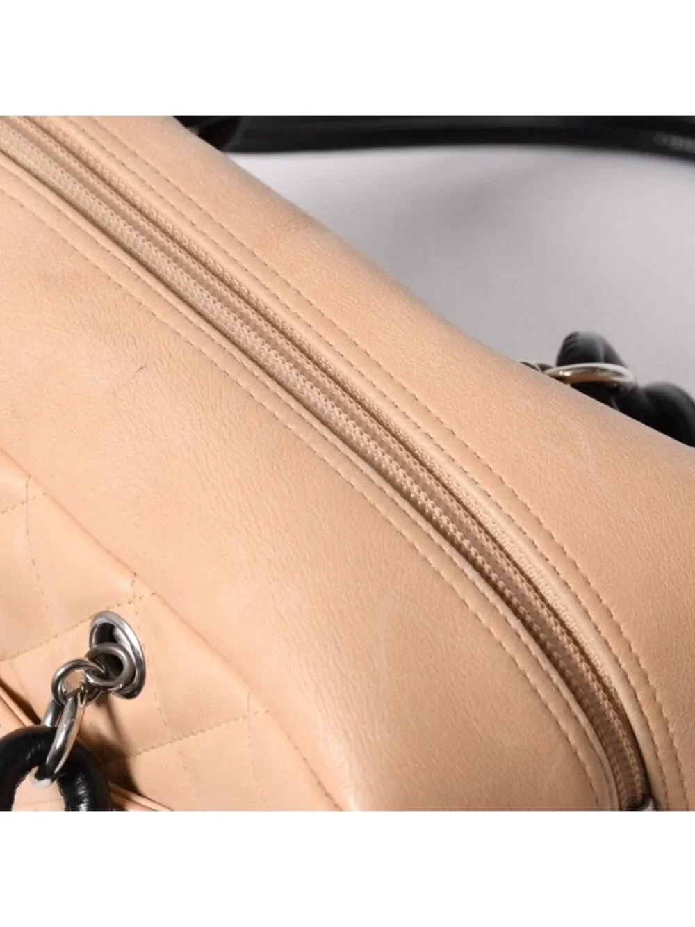 Chanel Cambon Line Bowling Bag Lambskin Beige Black CC Logo Silver